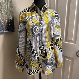 Lily Moss Button-Front Shirt – Black Yellow Geometric Print – XS – High-Low Hem